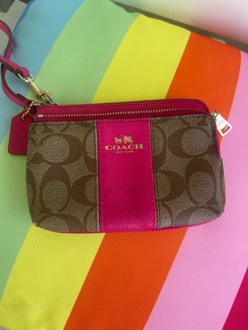 Coach Brown Signature Canvas Shoulder Bag with Hot Pink Stripe